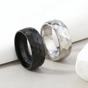 8mm titanium steel rings with hexagonal faceted surface in black and silver finishes
