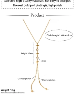 Detailed sizing chart of Y-shaped necklace with zircon stars and gold PVD plating