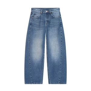 Jeans barrel classici a vita media in lavaggio blu medio con dettagli di cuciture