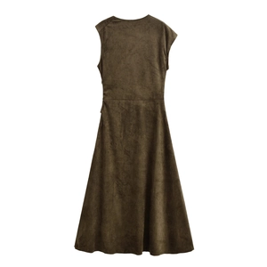 Women's dark brown sleeveless faux suede dress with asymmetric waist and flared hem