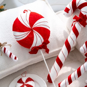 Red and white velvet Christmas candy cane and lollipop ornaments with glitter finish