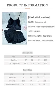 Size chart detail for two-piece ice silk pajama set with camisole and ruffle shorts