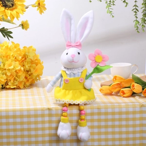 Easter bunny plush toy in yellow overalls with dangling legs for spring home decoration