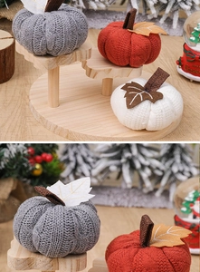 Close-up of knit pumpkin decor with rich textures for Thanksgiving and fall harvest setup