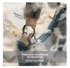Detail of denim bag showing silver ring hardware, plush trim, and transparent chain link