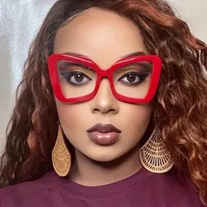Women's trendy red oversized cat-eye glasses with anti-blue light clear lenses