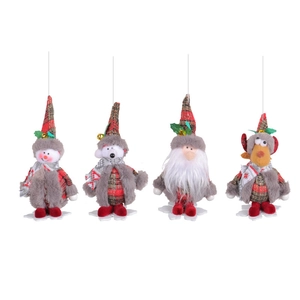 Set of four plush Christmas ornaments featuring Santa, snowman, bear, and reindeer