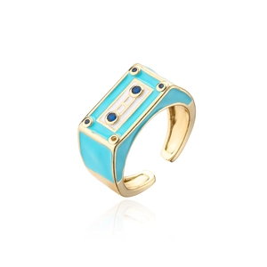 Adjustable punk-style robot tape recorder ring with gold finish and blue enamel