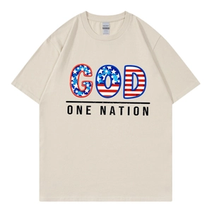 Oversized beige cotton T-shirt featuring a USA flag GOD graphic and relaxed crew neck