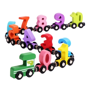 Educational magnetic wooden number train toy set with colorful digits on white background