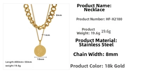 Detailed specs of double-layered gold coin necklace with 18k plated steel chain dimensions