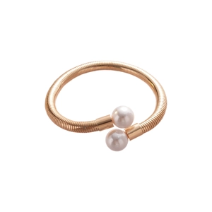 Minimalist gold spiral spring choker necklace with white faux pearls on white background