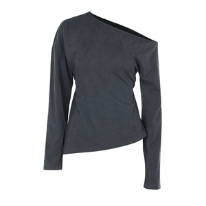Chic dark gray long sleeve off-shoulder knitted top for women with minimalist asymmetrical neck