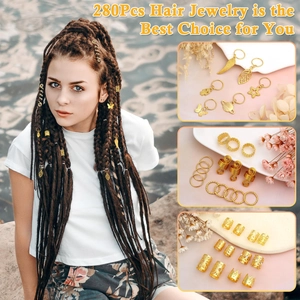 280pcs gold hair jewelry set featuring charms and rings worn on braided hair styles