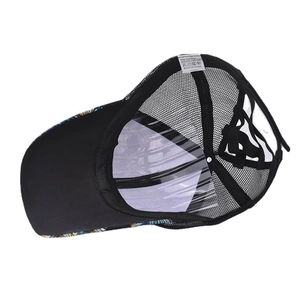 Detail view of ponytail baseball cap showing 65% cotton mesh and interior label