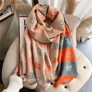 Double-sided butterfly pattern scarf in beige, orange and blue with fringe details