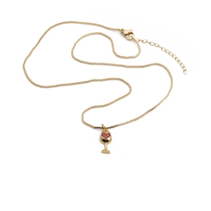 Gold plated copper wine glass necklace with red heart cubic zirconia pendant