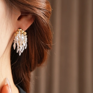 Gros plan de boucles d'oreilles dorées à pampilles avec cristaux brillants sur un mannequin