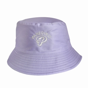 Close-up of lavender cotton bucket hat featuring white Panegyric embroidery detail