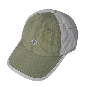 Olive green and grey ripstop baseball cap with white AB embroidery at 45-degree angle