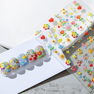 3D Embossed Nail Stickers Colorful Cartoon Flower Heart Rainbow Design Self Adhesive Manicure Decals For Women Girls