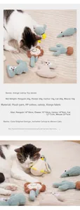 Close-up of catnip-filled plush toys in various shapes like penguins and cacti for cats