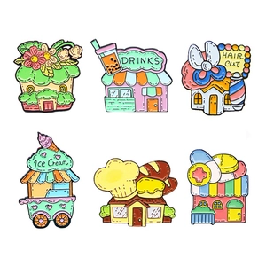 Detailed set of 6 cartoon enamel pins featuring colorful bakery and flower shop designs