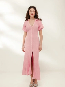 Women Knit Maxi Dress Polyester Acrylic V Neck Puff Short Sleeve Button Front Ribbed Slit Elegant French Style Vacation