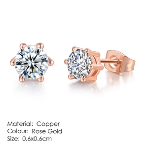 Elegant rose gold copper stud earrings with 0.6cm round zircon in six-prong setting