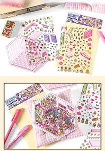 Detail of 2.5D rainbow candy shop themed DIY scene stickers for creative journaling