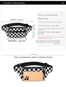 Vue détaillée des dimensions du sac banane à damier et de sa grande capacité de stockage