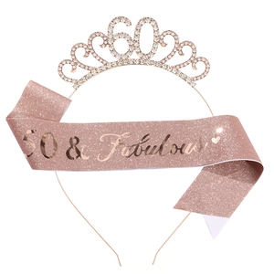 Rose gold birthday party set featuring crystal 60 crown tiara and glittering fabric sash