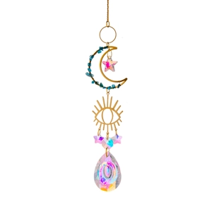 Golden moon suncatcher with blue crushed stone and faceted crystal prism for window hanging