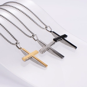 Hip hop stainless steel cross necklaces in gold silver and black with ball chain link