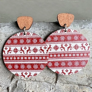 Bohemian round wooden Christmas earrings with red reindeer and white snowflake motifs