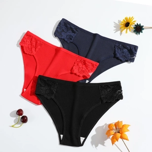 Three-pack cotton ribbed women's panties with lace detail in red, blue, and black