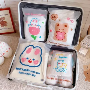Travel Storage Bags Frosted PE Plastic Waterproof Slider Zipper Seal For Clothing Organizer Cartoon Bear Rabbit Pattern