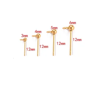 Gold-plated stainless steel ball stud earrings with loop in 3mm to 6mm sizes for DIY jewelry