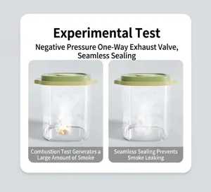 Detail view of airtight pet food container showing smoke seal test for freshness