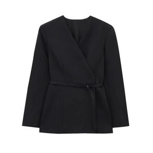 Flat lay of black long sleeve wrap blazer with waist belt and deep V-neckline detail