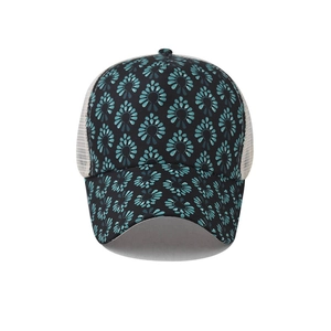Women's floral pattern ponytail baseball hat with breathable mesh back and peacock print