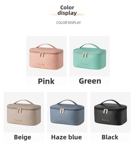 Detail view of large capacity cosmetic bags in five colors with cross pattern and zip