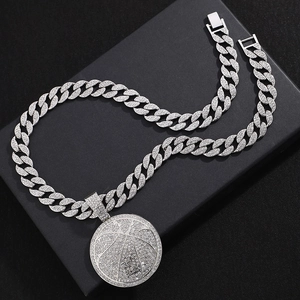 Hip hop silver Cuban chain necklace with iced out I'm Back basketball pendant and rhinestones