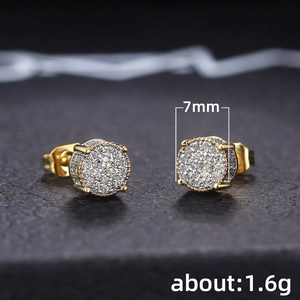 7mm gold iced out round stud earrings for men with pave set cubic zirconia stones