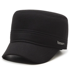 Classic black wool cadet cap for elderly men with warm ear protection and metal logo