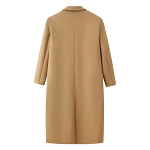 Back view of a long camel wool coat featuring a structured fit and central back vent