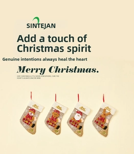Detail of linen Christmas stockings with plush cuff featuring Santa, Reindeer and Snowman