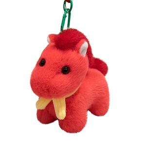 Cute red plush pony keychain with yellow scarf and green hook on a white background