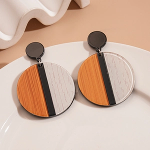 Bohemian acrylic geometric circular drop earrings with wood grain texture in three-tone finish