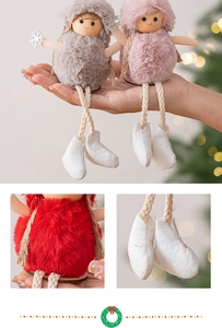Detailed macro view of handmade Christmas plush doll ornaments with snowflake sequins